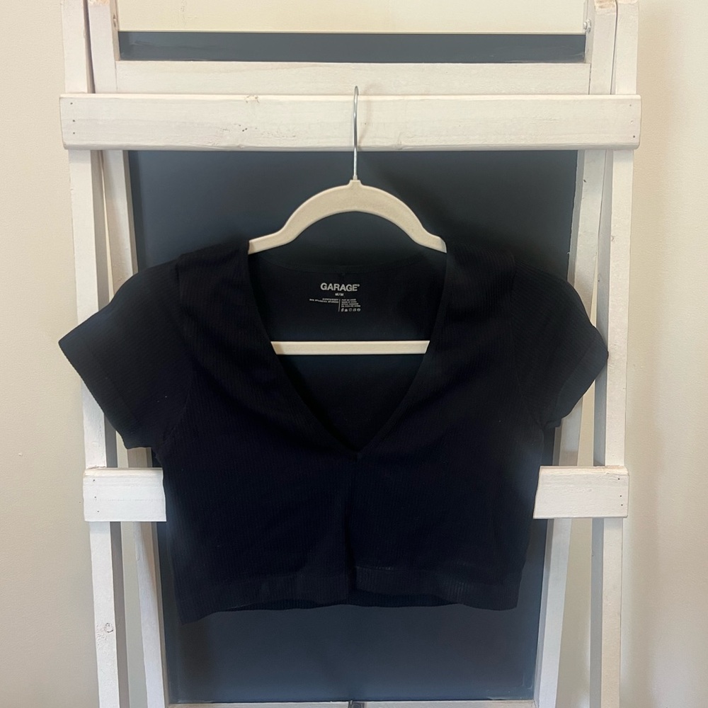 Garage Black Ribbed V-Neck Crop Top
